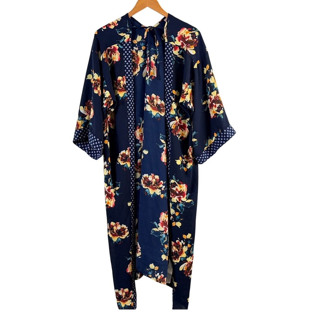 Band of Gypsies Kimono Sz M Navy Floral Polka Dot Open Front Boho Cardigan